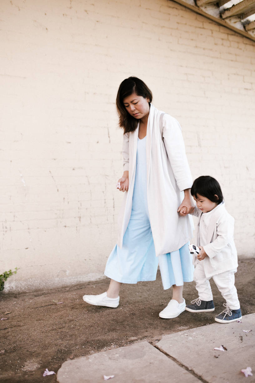 Lisa Hsieh with her son Greysen, wearing the collection of mommy-and-me pieces from Mien Studios. Photo: Rebekkah Cefai
