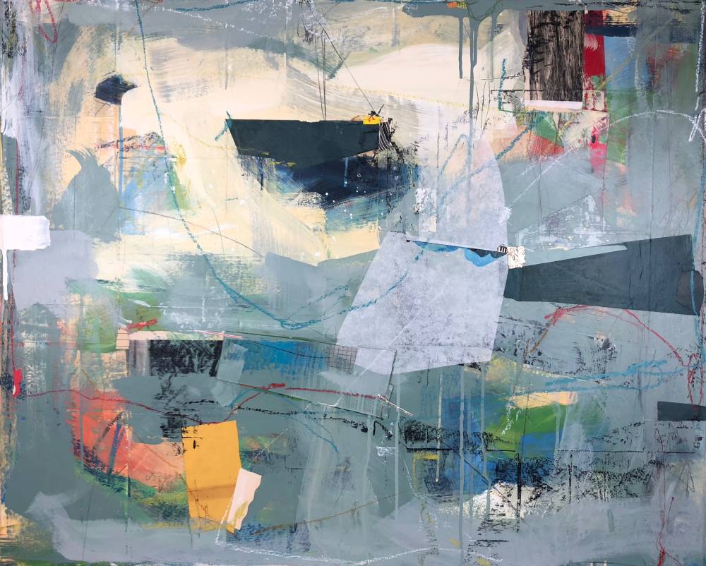 This is Our Neighborhood (#19 from the Mapping Moments series) 40x32” mixed media on 2” deep cradled panel by Megan Woodard Johnson