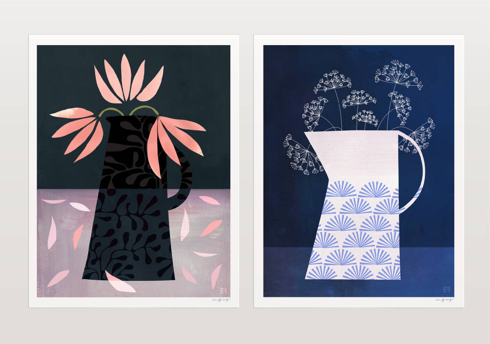 'Tulips' and 'Queen Anne’s Lace' Original Digital Collages, archival prints by Emily French