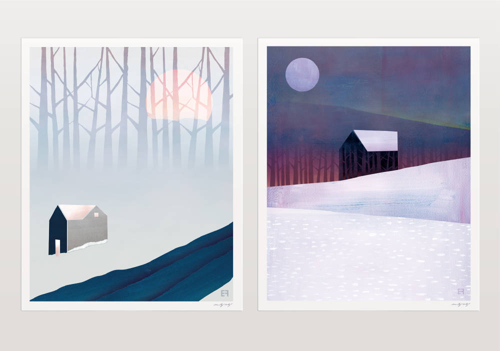 'River House' and 'Winter House' Original Digital Collage, archival prints by Emily French