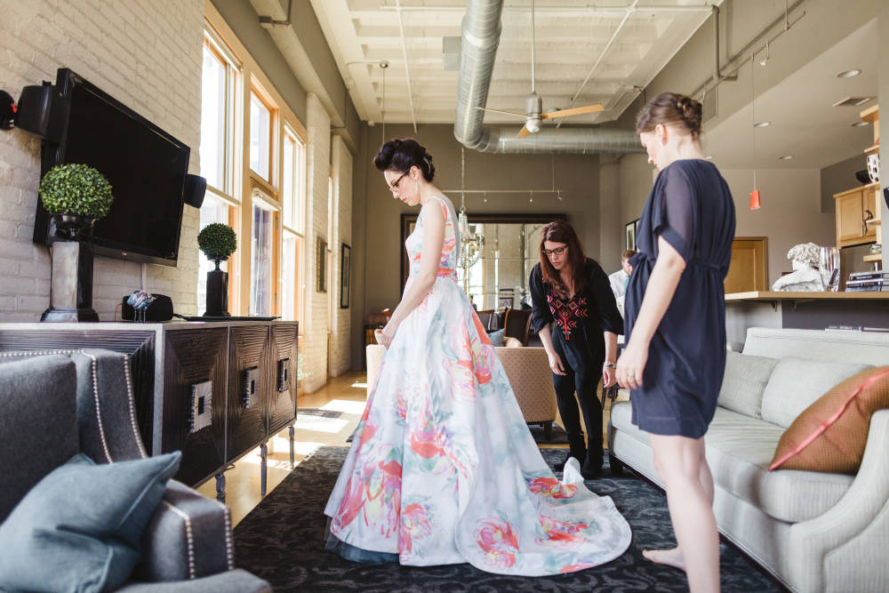 Amanda with bride Alicia Storin, in a custom MinkMaids bridal gown. Photo: Valo Photography 