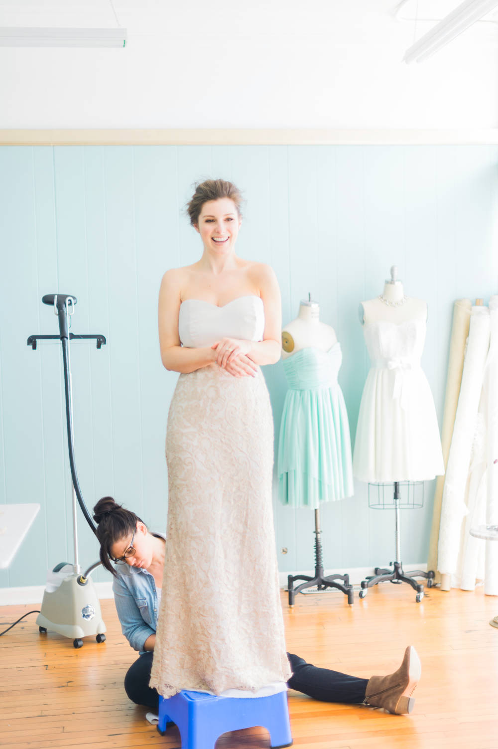 Amanda, fitting a MinkMaids gown. Photo: Aliza Rae Photography